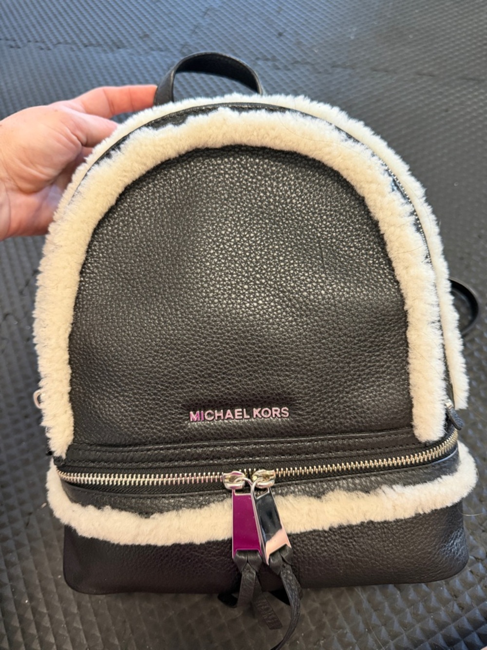 Michael Kors Black Pebbled Leather Mini Backpack with Cream Shearling Trim